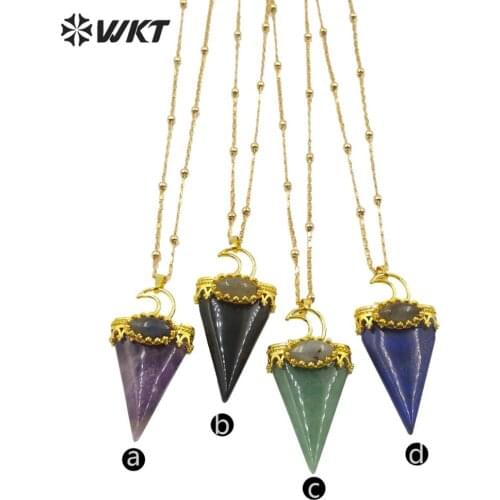 WT-N1187 fashion gold bezel triangle shape pendant necklace women gold stone triangle shape beads chain necklace