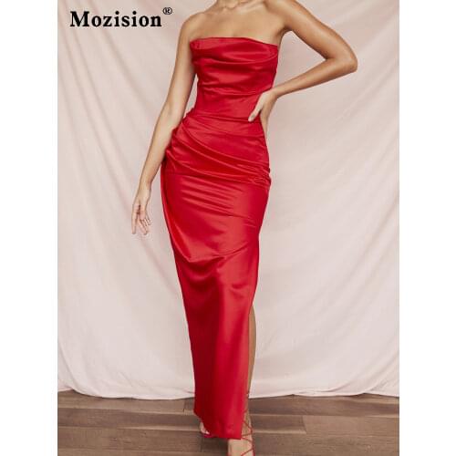 Mozision Strapless Backless Sexy Dress For Women Solid Sleeveless Side Split Dresses Female Party Club Long Dress Vestidos