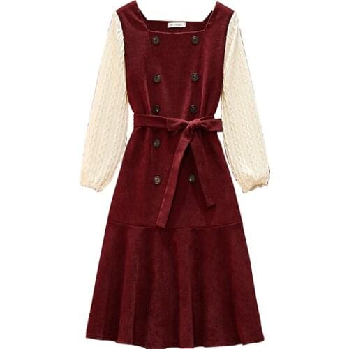 Long Sleeve Red Dress Autumn Winter Dress Splicing Vestido Festa Retro Lus Size Dress Square Collar Vestidos Elegant Robe Pull