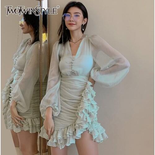 TWOTWINSTYLE Sexy Ruched Slim Dress For Women V Neck Lantern Long Sleeve High Waist Patchwork Ruffle Dresses Female Fashion New