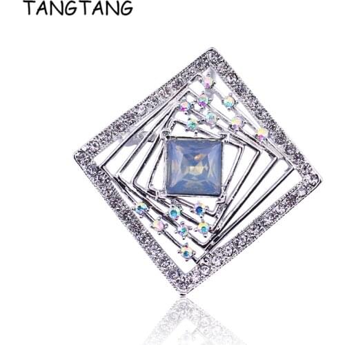 TANGTANG Pin Badges Brooch With Rhinestones Square Brooches Silver Color Crystal Womens Jewellery Metal Charming Brooch Pin Gift