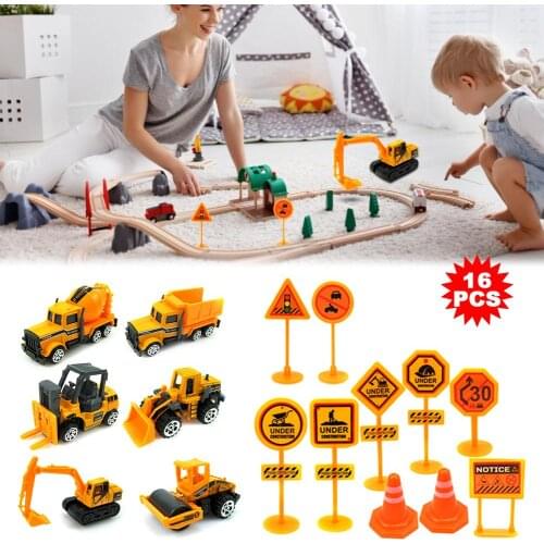 16PCS Alloy Simulation Engineering Vehicle 1:64 House Excavator Toy Forklift With Road Signs Childrens Educational Toys