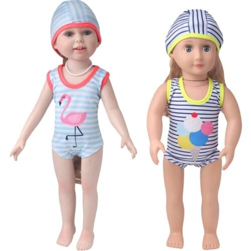 18 inch Girls doll swimwear Print striped suit + swimming cap American newborn skirt Baby toys fit 43 cm baby dolls c894