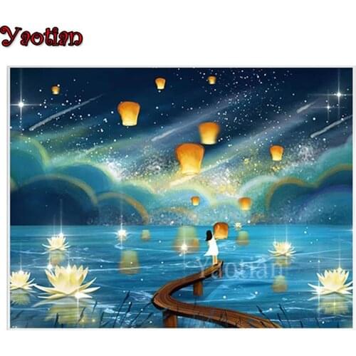 5D Diamond Painting Full Square/Round Drill Wishing Girl Lotus Lake landscape Cross Stitch Diy Diamond Embroidery Diamond Mosaic