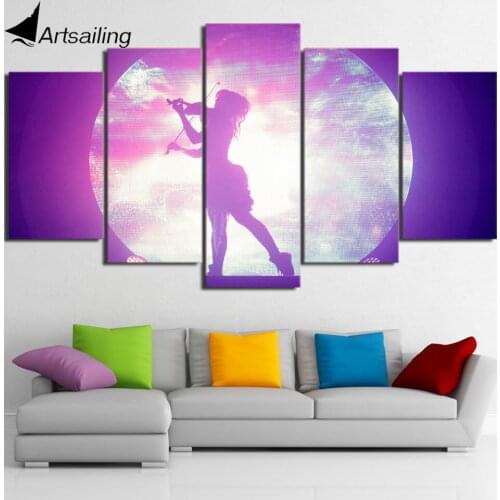 Artsailing 5 piece canvas art guitar girl in moon night painting Home Decoration abstract purple wall pictures for living room