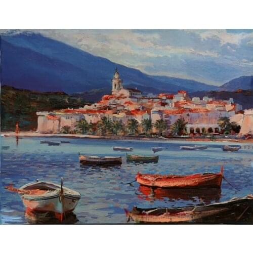 Free shipping mediterranean seascape impression boat coco tree scenery oil painting canvas prints on canvas decoration picture