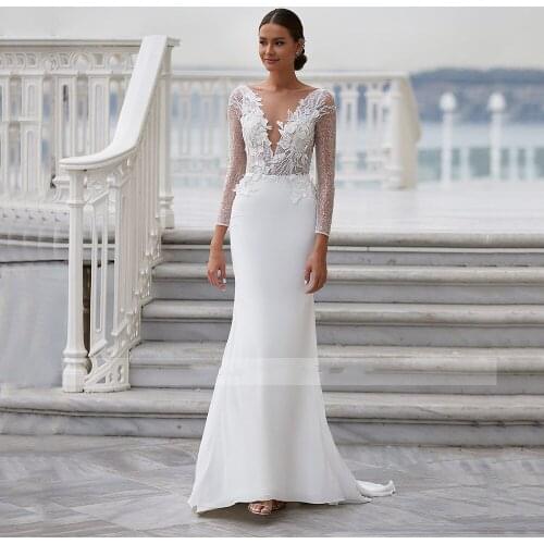 Sparkling Sheath Wedding Dresses O Neck Backless Vestido De Novia Shiny Long Sleeves Satin Bridal Gowns Custom Made Floor Length