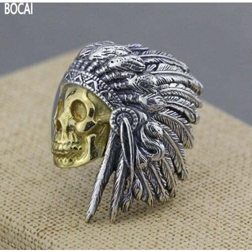 BOCAI New 100% Pure s925 silver jewelry chiefs skull head retro personality mens ring