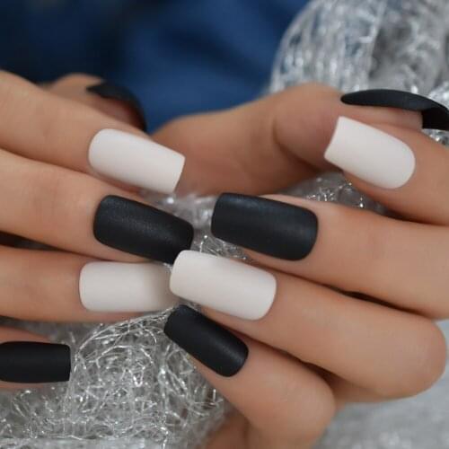Off white False Nails Black Matte Square Ladies Press On Manicure Tips Artificial Long Nail Tip with Glue Sticker 48 Ct