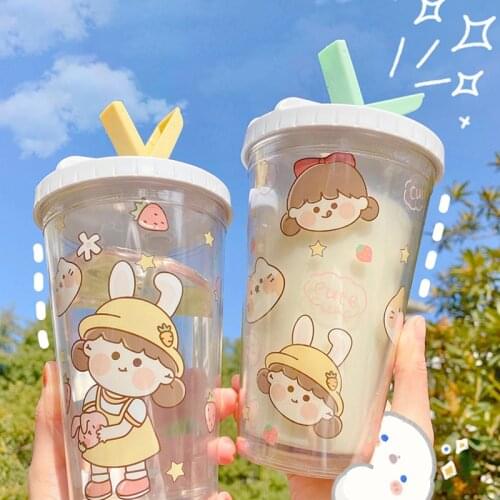 Ins Korean Cartoon Girl Water Cup Portable Large Capacity Hot Water Cup With Lid And Straw Plastic Cup Kids Water Sippy Cup