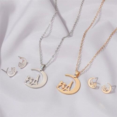 Classic Design Moon star Pendant Jewelry Set For Women Fashion Couple Lover Valentines Day Gifts Stud Earrings Necklace