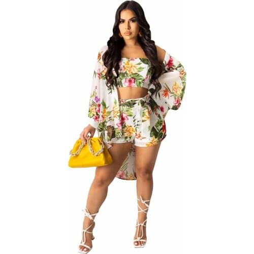 3 Piece Outfits Off Shoulder Crop Tops and Short Pants with Cover Up Casual Sexy Outfits for Sex Floral Printed Women Clothing