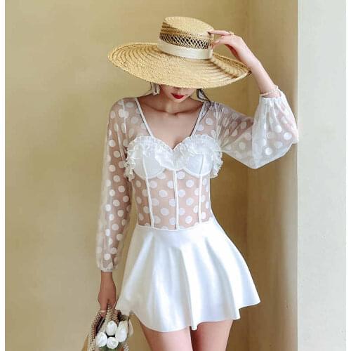 Korean Version Of Long-Sleeved Polka-Dot Printed Skirt-Style Boxer Conservative Cover Belly Slimming Seaside Vacation Swimsuit