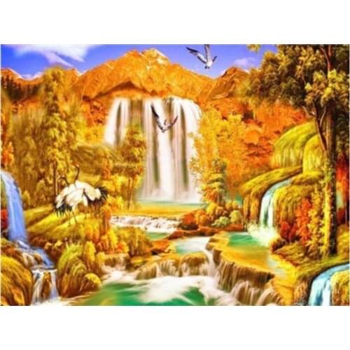 Crane diamond painting waterfall hill mosaic embroidery landscape rhinestone picture puzzle drawing wall decor needlework craft