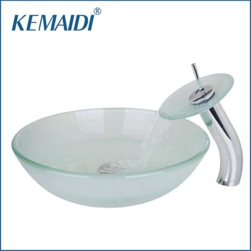 KEMAIDI Round Washbasin Lavatory Glass Sink Bath+Round Waterfall Basin Faucet Deck Mount Single Handle Brass Tap Mixer Faucet