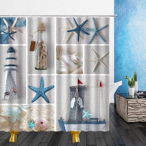 Summer Beach Landscape Shower Curtains Starfish Shell Seawater Natural Scenery Pattern Waterproof Cloth Bathroom Decor Curtain