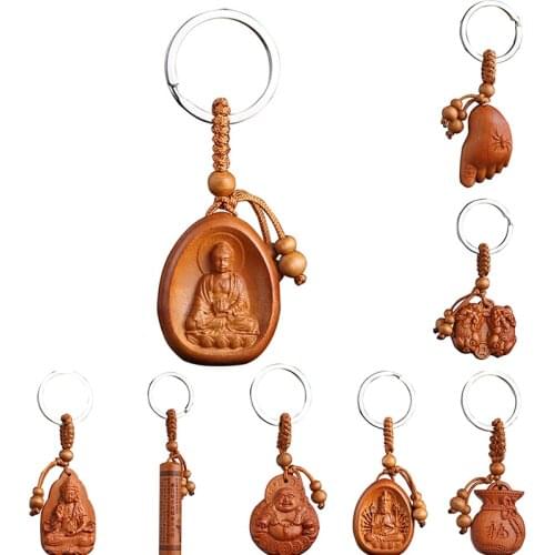 Lucky Wood Carving Buddha Pendant Keychain Jewelry Buckle Unisex Chinese Buddha Keyring For Car Bag Wholesale