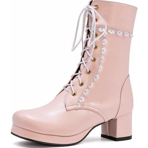 Fashion Ankle Boots Women Platform Spring Shoes Woman Lovely Sweet Purple Pink White Lolita Shoes Girls Boots Large Size 48
