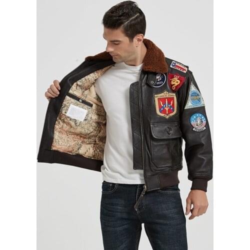 2021 Men Brown Top Gun Pilot Leather Jacket Europe Size XXL Wool Collar Genuine Cowhide Military Style Winter Aviation Coat