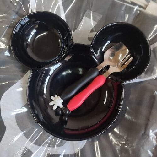 Baby Tableware Set Imitating Ceramics Anti-fall Bowl + Fork + Spoon Children Feeding Cute Ear Cartoon Mouse Fruit Snack Dishes