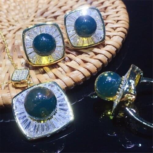 Real Pure natural gold blue amber earrings for women necklace pendent ring jewelry set 925 sterling silver biżuteria damska