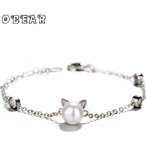 OBEAR Cute Cat CZ Charm Bracelets Simulated pearl Silver Plated Bracelet For Women Jewelry Gift