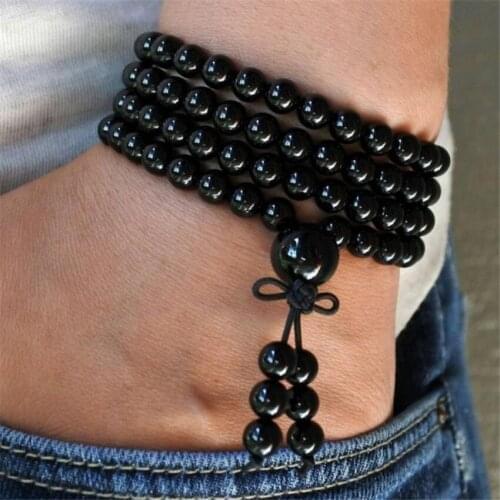6mm Natural Black Onyx 108 Beads Handmade Tassel Necklace Retro Mala Buddhism Prayer Chakra Tibetan