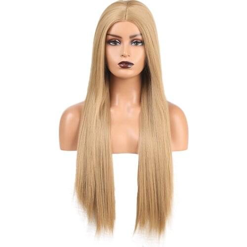 Brown Straight Middle Part Wig Heat Resistant Fiber Hair Synthetic Wig with Baby Hair 150% Density Glueless