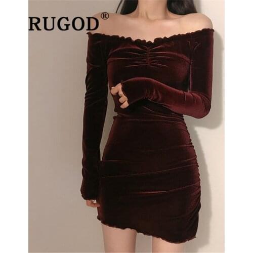 RUGOD Off-shoulder Korean Mini Dress Solid Full Sleeves Top For Women Velvet Ladies Dresses Woman Party Night simple Apparel