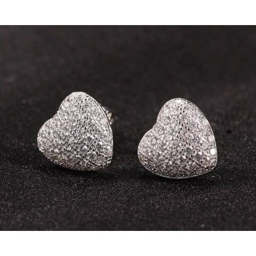 1Pair S925 Sterling Silver Hip Hop AAA+ Cubic Zirconia Bling Ice Out Heart Stud Earrings for Women Men Unisex Rapper Jewelry
