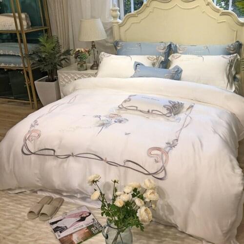 Blue White Tencel Egyptian cotton Embroidery Bedding sets Queen King Tribute Silk Duvet cover Bed sheet set Pillowcases 4/6pcs