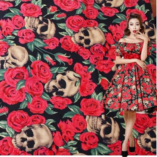 140cm Width Skull Fabric Stretch poplin 100% Cotton Fabric Rose Skull Printed Skull Fabric Patchwork Sewing Material Diy Dress