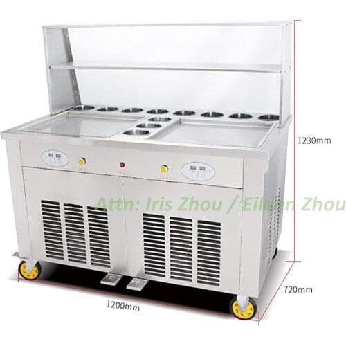 Thailand 2 flat pan durable stir frozen yogurt roll fry ice cream machine with topping pans