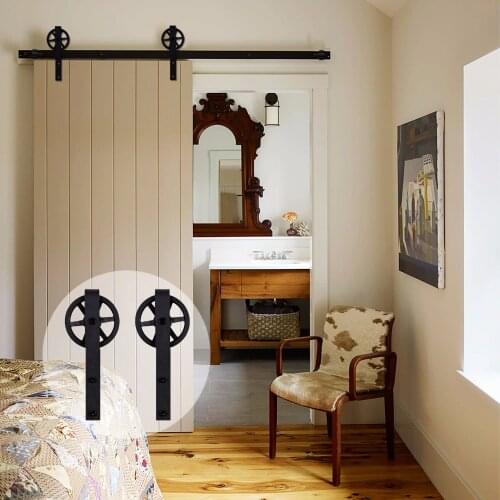 LWZH Vintage Style Industrial Wheel Single Sliding Barn Wood Door Hardware Track Kit J-Shaped with Big Rollers for Single Door