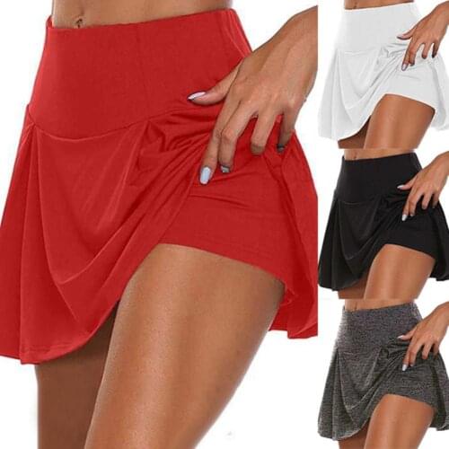 Women Solid Color High Waist Double Layer Fake Two Piece Sports Shorts Skirt