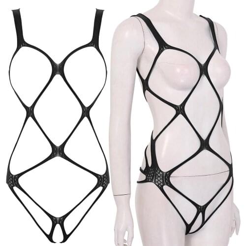 Womens Femme Erotic Bodystockings Hollow Out Fishnet Lingerie Open Bra Crotchless Sissy See-through Bodysuits Nightwear