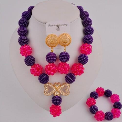 Stylish Purple and Fuchsia Pink African Wedding Jewelry Set Women Nigerian Necklace Beads Sets SP1-10