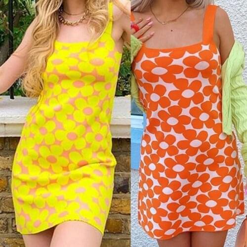 Women Sleeveless Bright Floral High Waist Bodycon Knitted Beach Mini Tank Dress