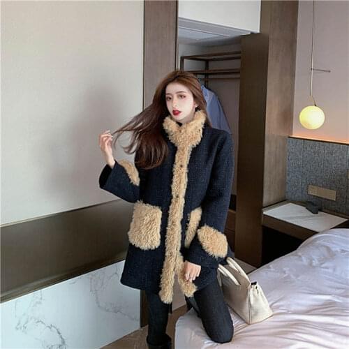Winter Faux Fur Coat Jacket Women Thick Warm Mid-Length Stitching Lamb Wool Coat Ladies Fashion Jacket Fluffy Plus Size Overcoat