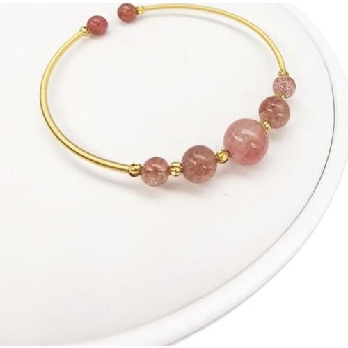 24KGold Strawberry Quartz Round Gemstone Twisted Cable Bangle Handmade Bracelet Jewelry for Women Crystal Peach Blossom