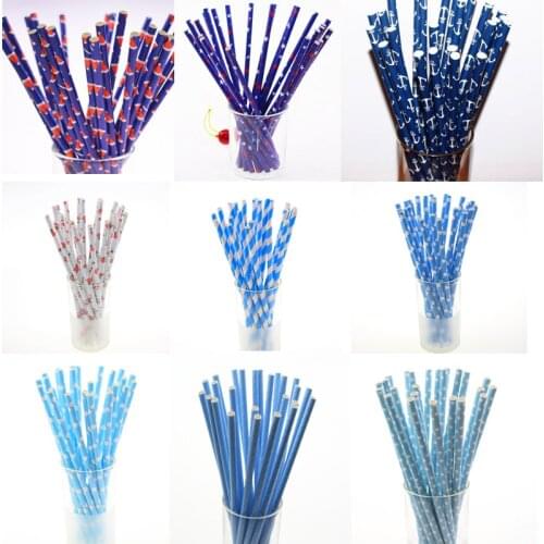 25pcs Blue Paper Straws kids birthday wedding decorative party Birthday Holiday Supplies Anchor Drinking Straws Xmas