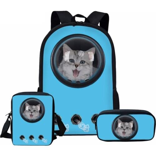 Student Bookbags Blue Astronaut Pet Carrier 3D Cat Print School Bag 3pcs for Girls Kids Teenage Backpack Mochila Notebook