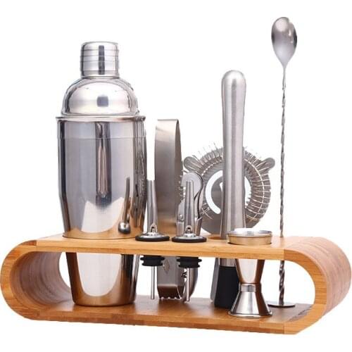 9Pcs Non-slip Multi-function Silver Wine Mixer Stainless Steel/Wood Cocktail Shaker Set Stylish Bamboo Stand Bar Tool