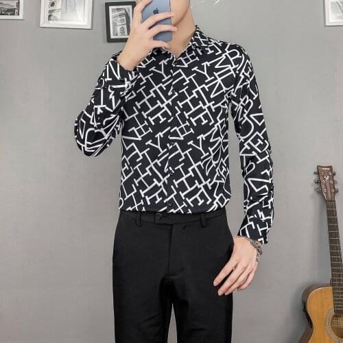 Brand Letter Printed Mens Shirt Long Sleeve Slim Fit Casual Shirt Male Business Formal Dress Shirts Streetwear Social Blouse