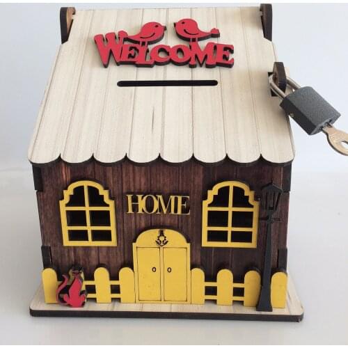 House Money Box Piggy Bank Handmade Wood Safe Money Bank Home Brown