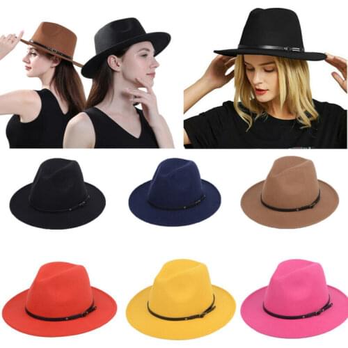 England Style Women Men Fedoras Retro Unisex Felt Belt Buckle Fedora Hats Wide Brim Outback Hat Panama Cowboy Hats Solid Color