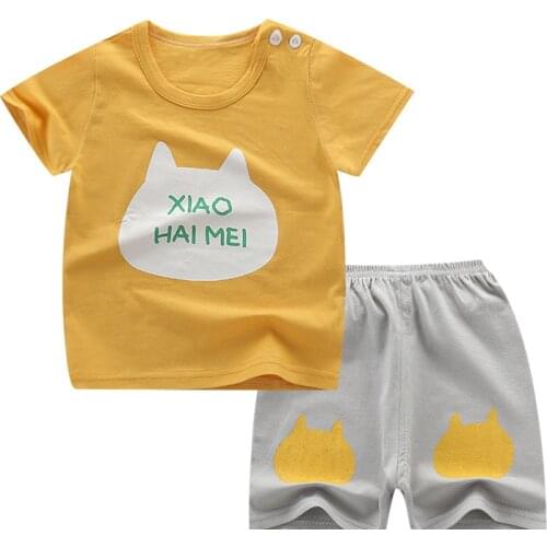 2Pcs/set Cat Printed Short-sleeved T-shirt+Shorts Outfits Summer 100% Cotton Newborn Baby Boys Girls Clothes Suit Girls Clothes
