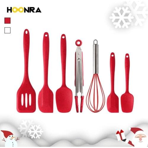 HOONRA 7Pcs Christmas Style Silicone Kitchen Cooking Utensils Set Non-stick Spatula Shovel Food Clip Heat-resistant Kitchen Tool