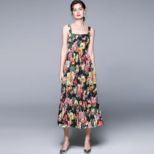 Menahem 2021 Summer Elegant Floral Printed Beach Dress Women Sexy Spaghetti Strap Backless Rose Mutlicolor Kawaii Midi Dress