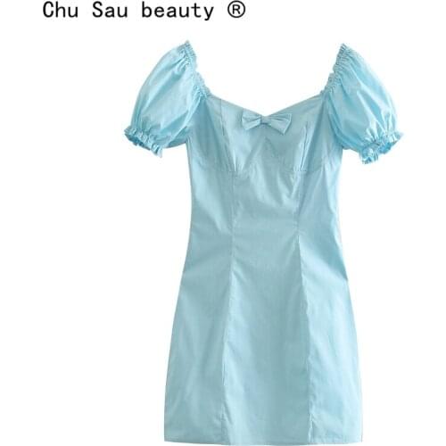 New Fashion Summer Sweet Chic Bow Mini Dress Women Holiday Style Puff Sleeve Ruffles Dresses Female Vestido De Moda